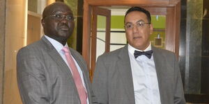 Tourism CS Najib Balala accompanied by Tourism Fund CEO Joseph Cherutoi at Tourism Fund Building in Nairobi