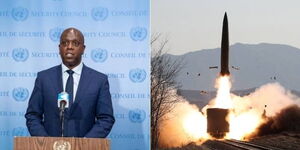 A collage image of Kenya's Ambassador to the United Nations, Martin Kimani (LEFT), and a missile being launched in North Korea (RIGHT).