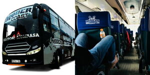 A photo collage of Modern Coast bus and its interior