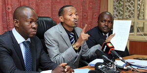 From left: Saboti MP Caleb Amisi,  Nyali MP Mohammed Ali, and Butere MP Tindi Mwale addressing the media at Parliament Buildings in Nairobi on June 19, 2018