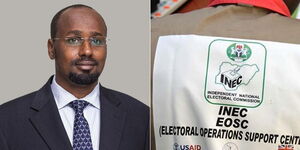 A photo collage of former IEBC Commissioner Boya Molu (left) and an elections official in Nigeria (right)