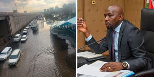 Photo collage of a section of Mombasa Road along General Motors flooded and Transport Cabinet Secretary Kipchumba Murkomen