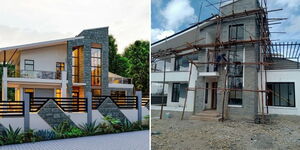 A photo collage of a Kitengela mansion (left) under construction and its design (right).