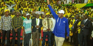 Chama Cha Kazi party leader Moses Kuria arrives at the United Democratic Alliance (UDA) National Delegates Convention (NDC) at Kasarani Stadium on Tuesday, March 15, 2022