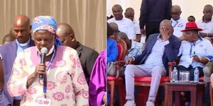 The mother of Gatundu South Member of Parliament Moses Kuria leads a prayer at Thika Stadium on Saturday, February 19, 2022.