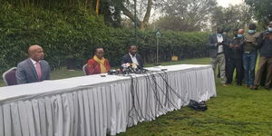 Gatundu South MP Moses Kuria, Narc Kenya leader Martha Karua and TSP leader Mwangi Kiunjuri during a presser on August 12 2021