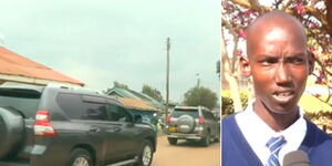 Photo collage between a motorcade in Kajiado county and David Tajeu, student at Olkejuado High School.