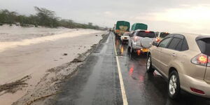 Motorists in traffic after heavy rain cut off Narok-Mai Mahiu road on April 23, 2019.