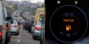 Photo collage between motorists on traffic in Nairobi and a car indicating fuel low