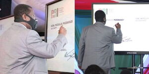 A collage image of Musalia Mudavadi signing the Building Bridges Initiative (BBI) in November 2020.