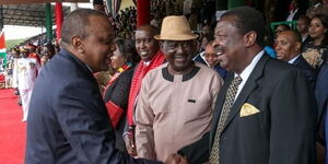 President Uhuru Kenyatta greeting ANC party boss Musalia Mudavadi at a past state event.