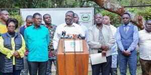 ANC leader Musalia Mudavadi, Bungoma Senator Moses Wetangula, and other western Kenya leaders during a press conference on June 20, 2022.