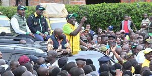 Deputy President William Ruto (in yellow), lawyer turned politician, Cliff Ombeta, and party leaders Moses Wetangula (Ford-Kenya) and Musalia Mudavadi (ANC) at a campaign rally in Nyamira County on Thursday, May 5, 2022.