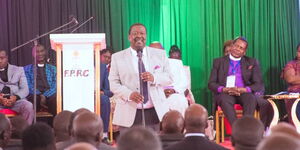  Prime Cabinet Secretary Musalia Mudavadi addresses the congregation during the Interdenominational Thanksgiving Prayer Service at Nanyuki Stadium, Laikipia County on January 8, 2023. 