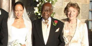 From left; Wairimu Njonjo and her father (Charles Njonjo) and her mother during Wairimu's wedding.