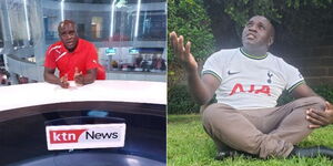 Collage image of Radio Maisha sports presenter Stephen Mukangai posing for a photo at KTN Studio (L) and his striking a pose in a garden.