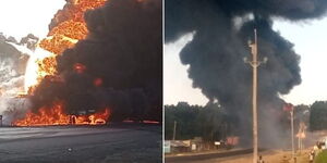 A collage image of Fuel Tanker explosion in Mukhonje market in Kakamega County on March 12, 2022.