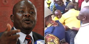 Mumias East MP Benjamin Washiali (left) and the lawmaker being manhandled by police