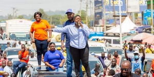 Murang'a Woman Rep, Sabina Chege addressing the crowd during an Azimio Rally in Vihiga County on Thursday, Febri=uary 10.