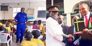 A collage image of Salesioh Muriithi teaching students in a classroom (Left) and receiving an award from President Uhuru Kenyatta (Right).