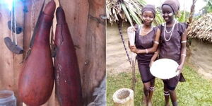 An artefact (left) and ladies dressed in traditional regalia (right at Murithi Mpuri Cultural Centre in Meru