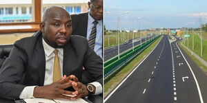 A collage photo of Transport Cabinet Secretary Kipchumba Murkomen at his office on March 1, 2023 (left) and an artistic impression of a highway (right). 