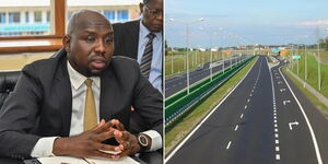 A collage photo of Transport Cabinet Secretary Kipchumba Murkomen at his office on March 1, 2023 (left) and an artistic impression of a highway (right).