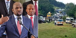 A collage photo of Transport Cabinet Secretary Kipchumba Murkomen addressing the media (left) and motorists stuck in traffic along Nairobi - Nakuru highway on December 23, 2022 (right).