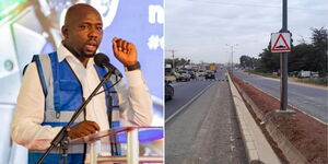 A photo collage of Transport Cabinet Secretary Kipchumba Murkomen speaking in Mombasa County during the launch of electric motorbikes on September 2, 2023 (left) and a dual carriage in Nairobi County (right).