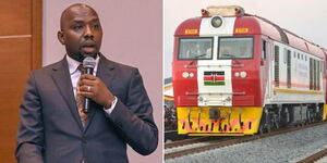 Transport Cabinet Secretary Kipchumba Murkomen speaking during the Kenya-Japan Quality Infrastructure Conference in Nairobi on January 10, 2024 (left) and the SGR train at the Mombasa Station in 2019 (right).