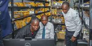 Transport Cabinet Secretary Kipchumba Murkomen inspecting the issuance of digital number plates at NTSA offices in Nairobi on September 22, 2023.