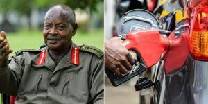 Photo collage between Uganda's President Yoweri Kaguta Museveni and a car being refilled at a petrol station