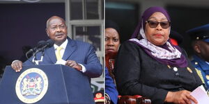 A collage image of President Yoweri Museveni (left) and President Samia Suluhu of Tanzania during President William Ruto's inauguration on September 13, 2022 (right).
