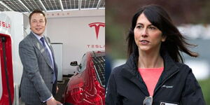 Photo collage between Elon Musk and MacKenzie Scott 