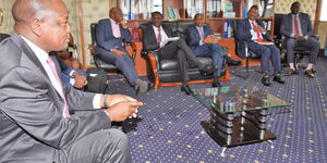 Health Cabinet Secretary Mutahi Kagwe when he held a consultative meeting on Covid-19 response with officials from the ministry,  the Kenya Healthcare Federation and CEOs from the Kenya Association of Private Hospitals at Afya House on Thursday, March 26, 2020.