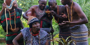 Mutisya wa ngai with his troupe of actors during the shooting of a scene