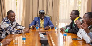 National Assembly Speaker, Justin Muturi (left), Deputy President William Ruto (centre), ANC party leader, Musalia Mudavadi  (second right) and his Ford-Kenya counterpart, Moses Wetangula (right) in a meeting on Saturday, April 9, 2021