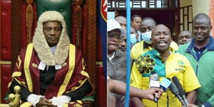 Speaker Justin Muturi in Parliament during a previous session and Kiambaa MP John Njuguna during campaigns in Kiambaa in June 2021.
