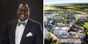 Photo collage of George Mutwiri and aerial view of the University of Saskatchewan in Canada