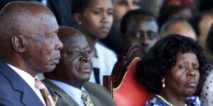 From left: Former Presidents Daniel arap Moi, Mwai Kibaki, and the late First Lady, Lucy Kibaki 