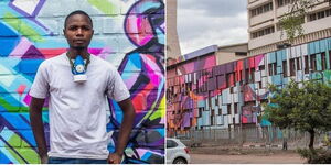 A collage image of Viktart Mwangi (left) and his artwork at Ex- Telecoms House along Haile Selassie Avenue (right).