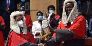 Acting Chief Justice Philomena Mwilu and outgoing Chief Justice David Maraga at the Supreme Court on January 11, 2021.