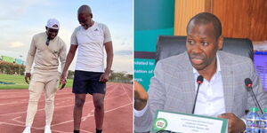 Mwingi West MP Charles Nguna in Parliament (right) and exercising with record-breaker Ferdinand Omanyala.