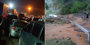 A photo collage of traffic snarl-up along the Nairobi - Nakuru Highway (left) and Debris on the Iten - Karbanet Road on March 22, 2023.