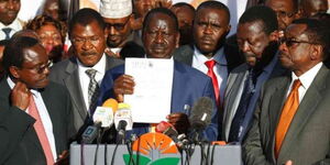 Former NASA leaders from Left, Kalonzo Musyoka, Moses Wetangula, Raila Odinga and Musalia Mudavadi  during a press brief in 2018.