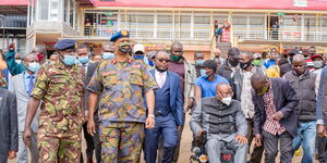 NMS Director General Mohammed Badi, Karura MCA Joseph Wambugu and Westlands MP Tim Wanyonyi at the grabbed Gigiri fire station land on July 23, 2020.