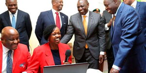 From Right: Deputy President Rigathi Gachagua, President William Ruto, NSE Chairman Kiprono Kittony, Nairobi Governor Johnson Sakaja among other guests during the official launch of Trading Bill