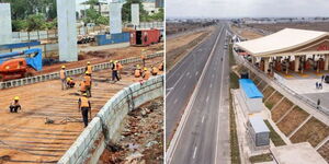 Photo collage between workers laying the road and aerial view of Nairobi Expressway 