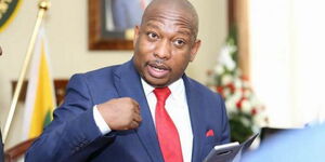 A photo of Nairobi Governor Mike Sonko gesturing at a past media interview.