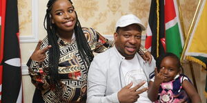 Nairobi Governor Mike Sonko (Centre) strikes a pose with his daughter Saumu Mbuvi (Left) and granddaughter Sasha during his birthday party on March 4, 2020.